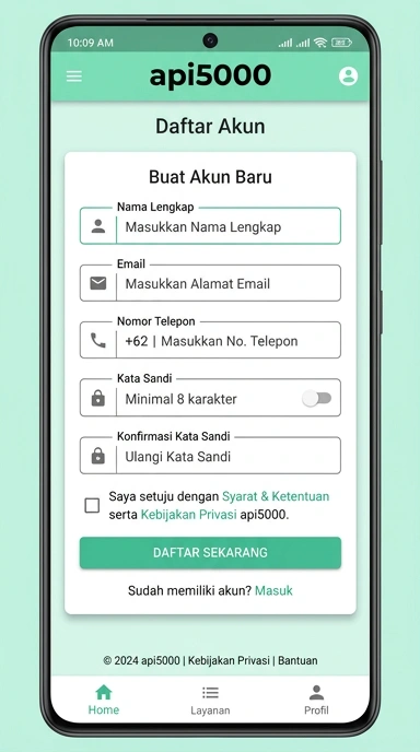 Tampilan halaman daftar api5000